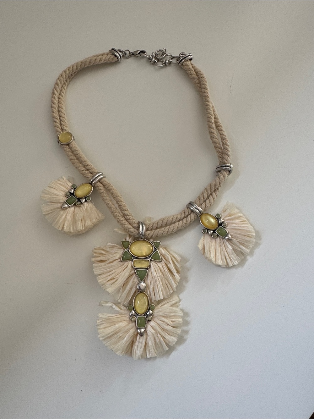 Beige Tassel Statement Necklace with Yellow & Green Accents Sterling silver.